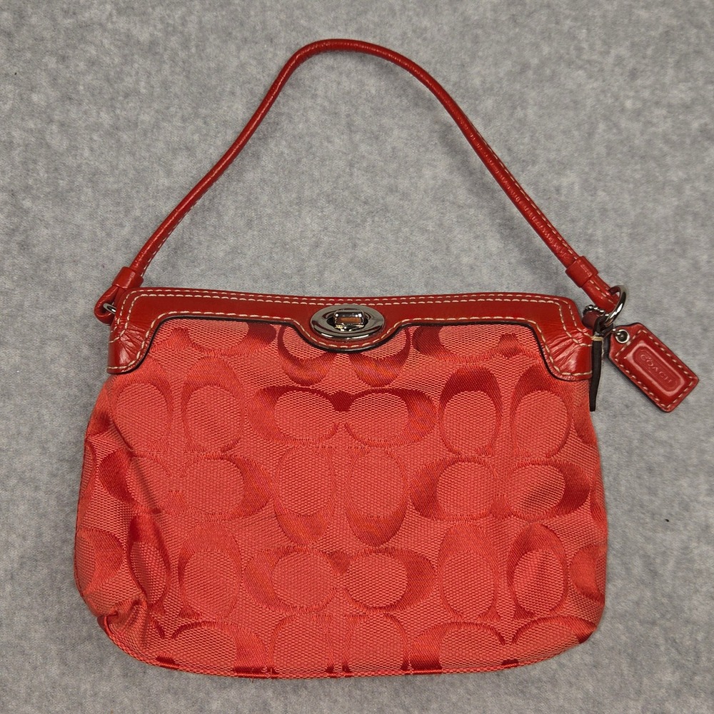 Coach Vintage Red Signature C Jacquard Small Shoulder Bag Turnlock Leather Trim